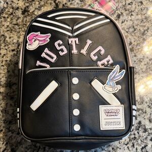 Justice Black Mini Backpack with Pink Lettering and Looney Tunes Patches